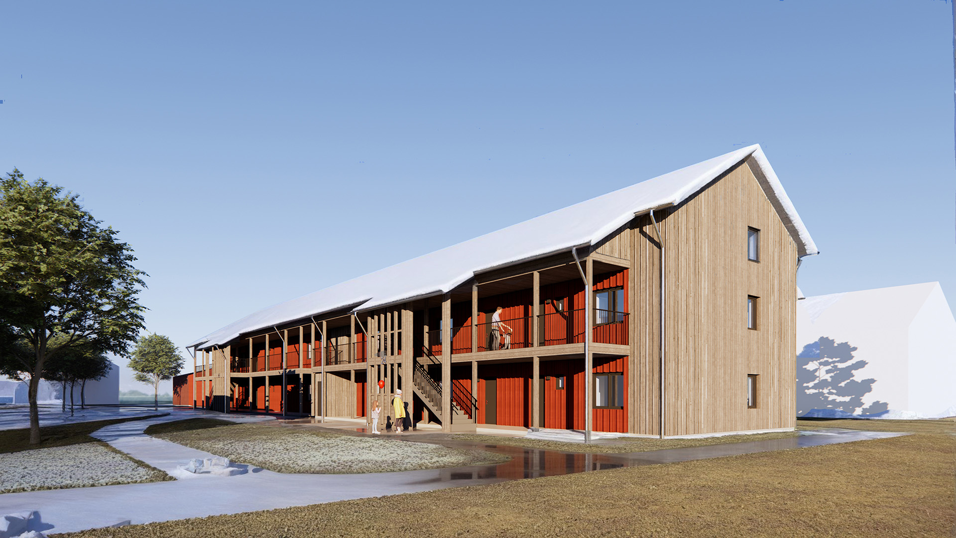 En 3D-rendering av ett lamellhus med två våningar. Fasaden har en träfasad med röda och grå partier.