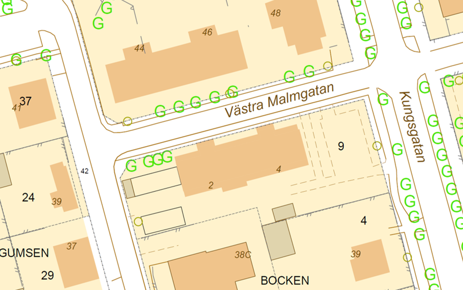 Karta visar fastighet på Västra Malmgatan i Luleå